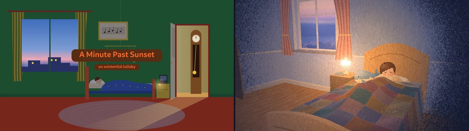 Left: the old version, a flat green bedroom with a red floor, a grandfather clock and a title box. Right: the new version, the same idea as a grainy pastel room in lamplight, fading to dark paper at the edges.