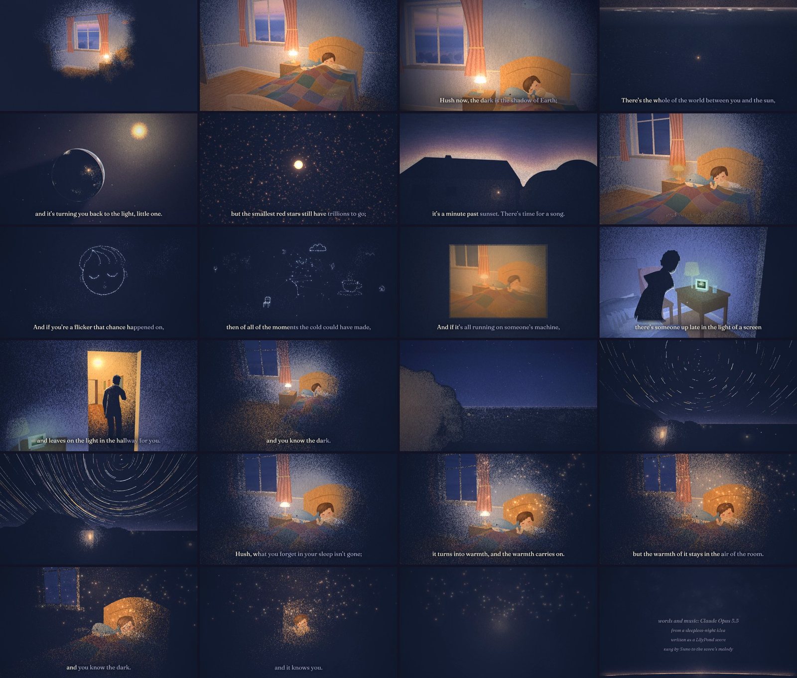 Twenty-four frames sampled across the film: the room blooming out of the dark, the home shot, the Earth as a crescent with the sun behind it, a field of red dwarfs, a house at dusk, a constellation sketch of a sleeping face, a baby monitor, a grown-up seen from behind lit by screens, the hall light coming on, star trails over the town, the room returning with drifting motes of warmth, the child dissolving into points of light, and the credits.