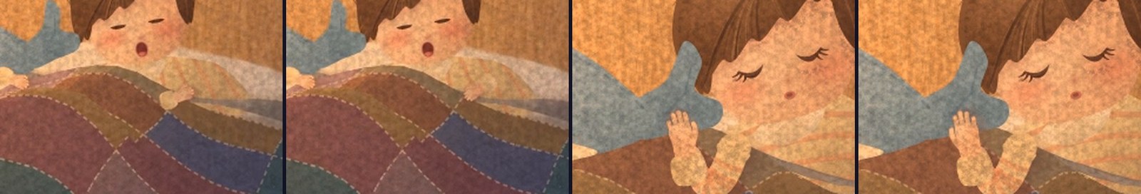 Four crops of the child's hands. The first pair, at 0:10, show the hand at the quilt's edge pointing outward before the fix and inward after it. The second pair, at 0:17, show the hand by the cheek with its thumb toward the face before and on the outside after.