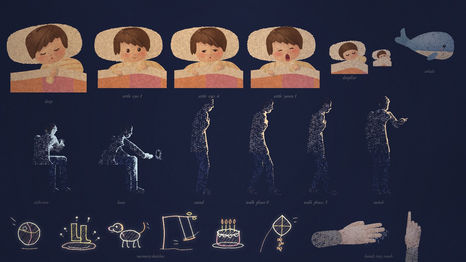 The child's model sheet: asleep, eyes open, drowsy, yawning, a small far version and the plush whale. Below them, the grown-up drawn only as rim light in six poses, from sitting at a screen to reaching for a light switch, then memory sketches in chalk lines and two studies of an adult hand.