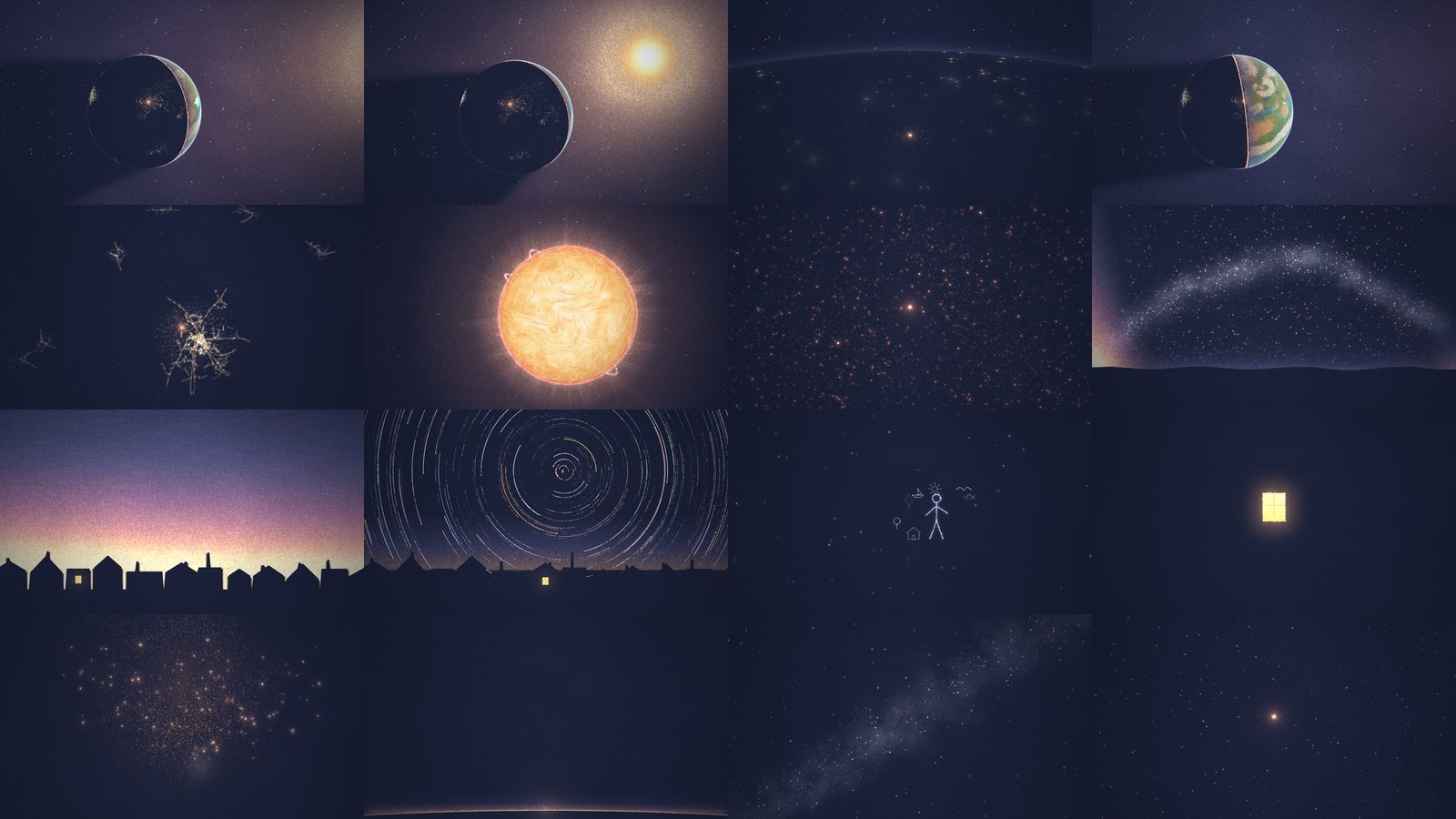 A contact sheet of the cosmos kit: the Earth as a crescent, the Earth with the sun behind it, city lights from orbit, a half-lit Earth, red sparks, the sun as a churning disc, a field of red dwarfs, the Milky Way, a town at dusk, star trails, a stick-figure constellation, a lit window, drifting motes and a single star.