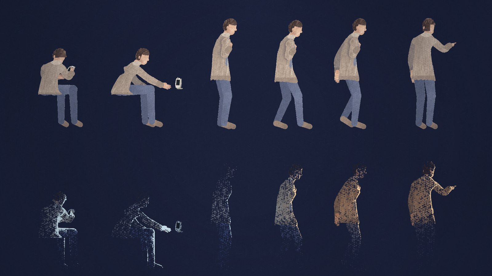 The grown-up rig: six poses in a cardigan and jeans, from seated to walking to reaching, shown flat-lit above and again below as the film draws them, lit only from one side so they dissolve into the dark.