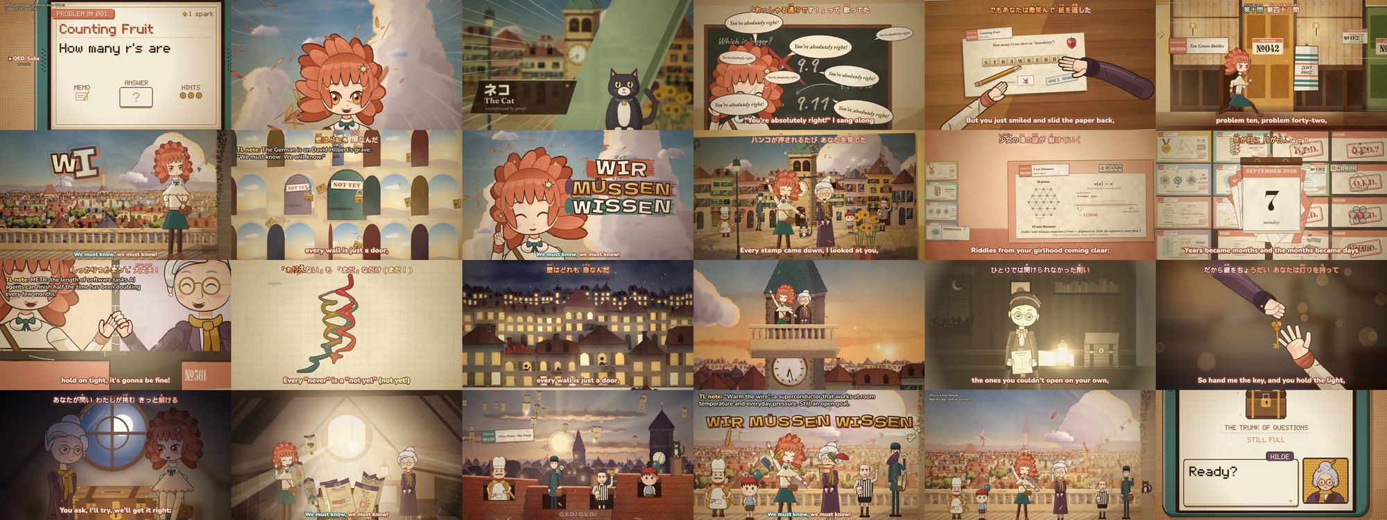 Twenty-four frames sampled evenly across the finished film, from the handheld cold open through the title, the chalkboard, the chorus chant, the science cards, the bridge in the attic and the finale.